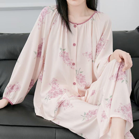 Women's Floral Print Rayon Long Sleeve Pajama Set – Button-Down Sleepwear & Lounge Set