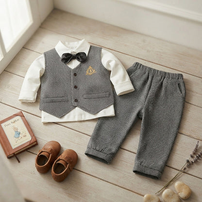 Baby Boy Formal Vest & Pants Set - Gentlemen Long-Sleeve Bowtie Outfit