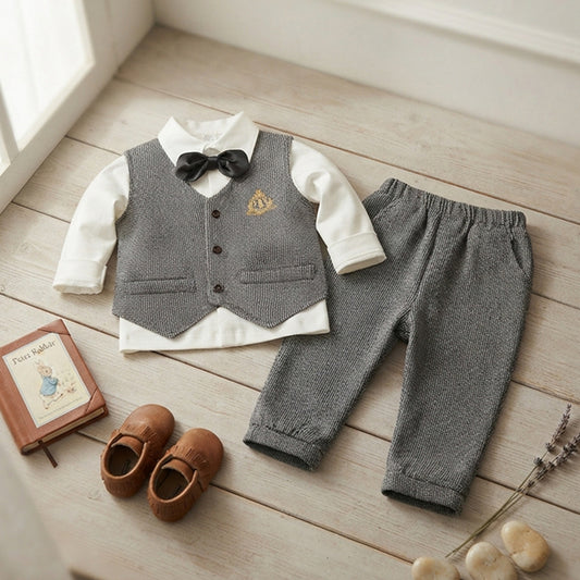 Baby Boy Formal Vest & Pants Set - Gentlemen Long-Sleeve Bowtie Outfit