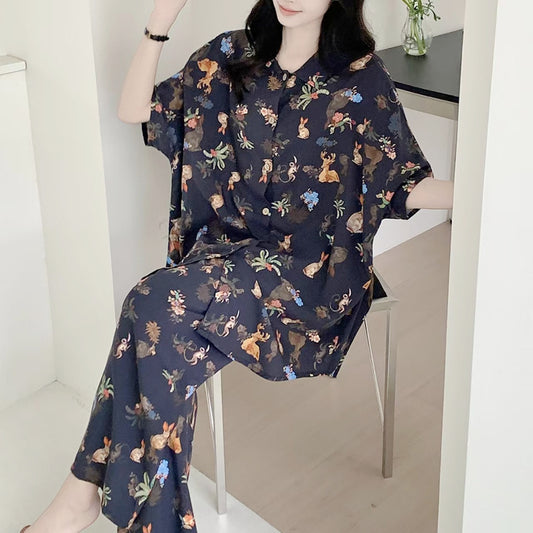 Women's Summer Casual Loose Pajama Set - Navy Blue Animal & Floral Print Button-Down Sleepwear