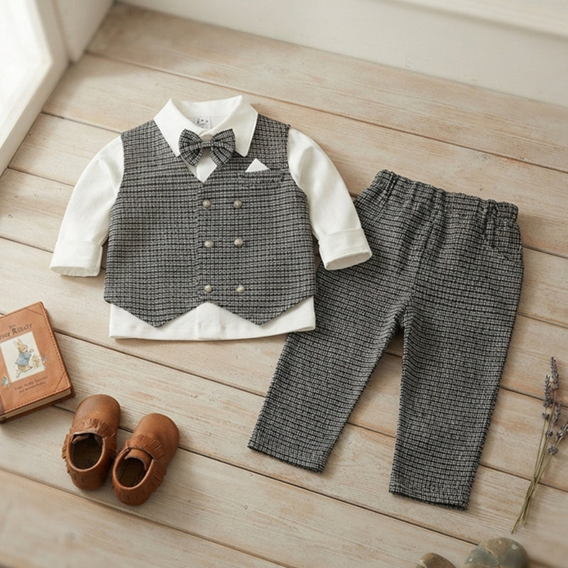 Baby Boy Formal Vest & Pants Set - Gentlemen Long-Sleeve Bowtie Outfit