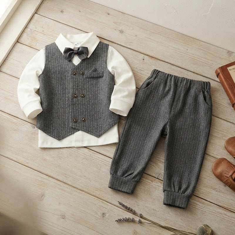 Baby Boy Formal Vest & Pants Set - Gentlemen Long-Sleeve Bowtie Outfit
