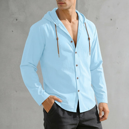 Men's Casual Long Sleeve Pure Cotton Hooded Shirt with Drawstring