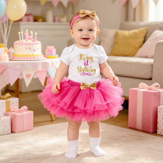 Baby Girl "It's My 1st Birthday" Bodysuit with Tutu Skirt and Headband Set