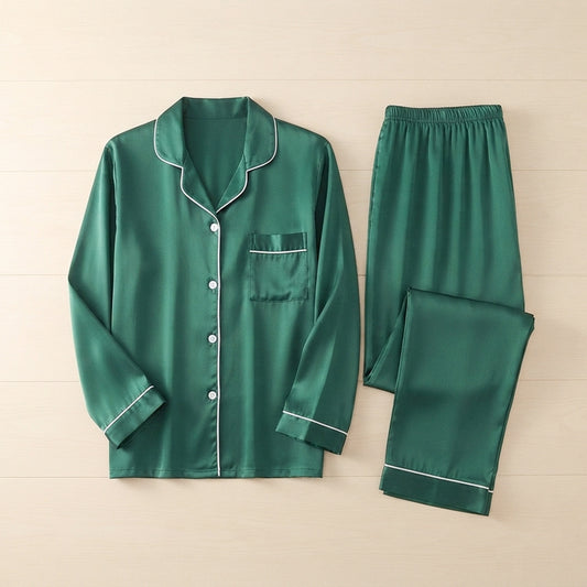 Men's Silk Satin Pajama Set - Long Sleeve Button-Down Sleepwear with Piping