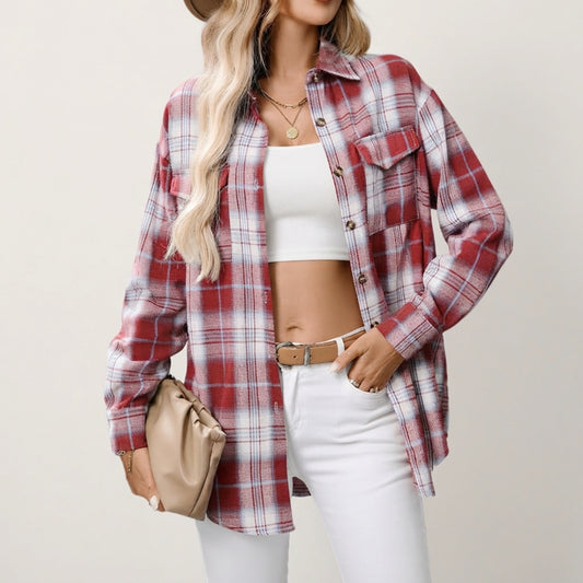 Women's Casual Long Sleeve Plaid Button-Down Shirt & Oversized Shacket