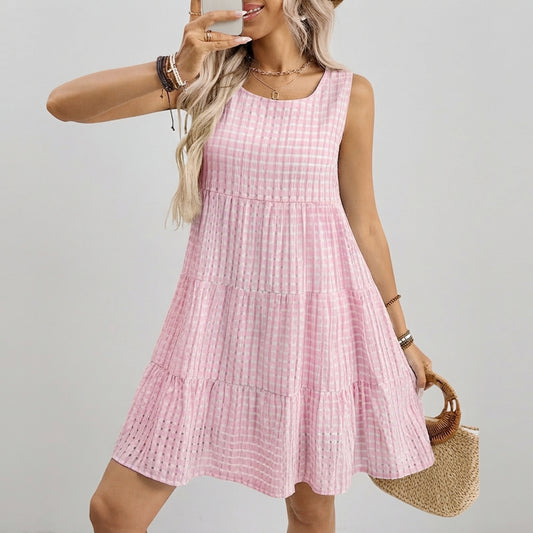 Women's Casual Plaid Tiered Sleeveless Sundress – Summer Scoop Neck Flowy Swing Mini Dress