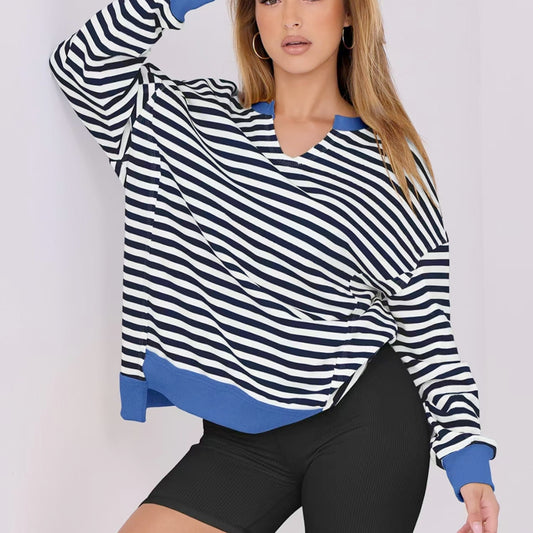 Women's Casual Striped Contrast Trim Long Sleeve Knit Sweater Sweatshirt Pullover Top