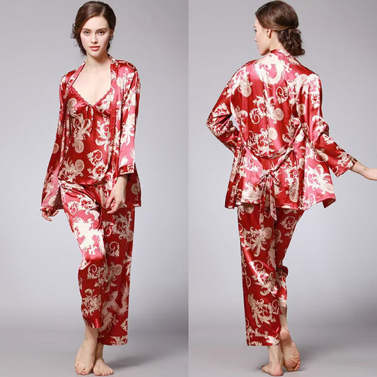 Women's Luxury Satin Dragon Print 3-Piece Lounge Set and Pajamas