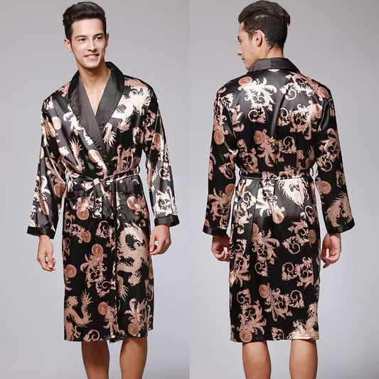 Men's Luxury Satin Dragon Print Long Sleeve Bathrobe and Sleepwear