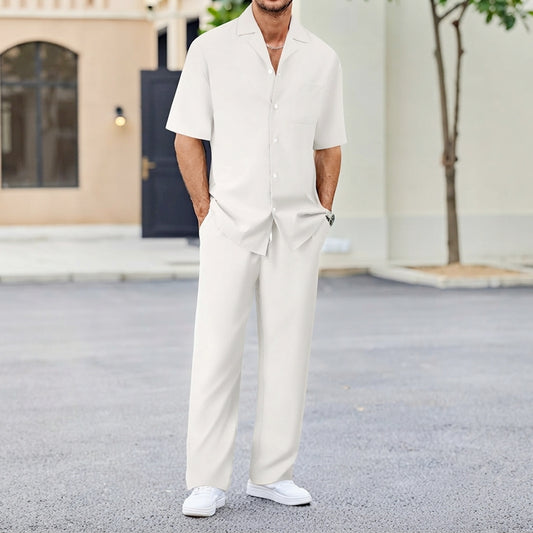 Men's Casual Lapel Short Sleeve Shirt & Long Pants Two-Piece Set