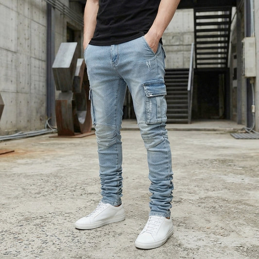 Men's Stacked Cargo Denim Jeans - Slim Fit Multpocket Casual Pants