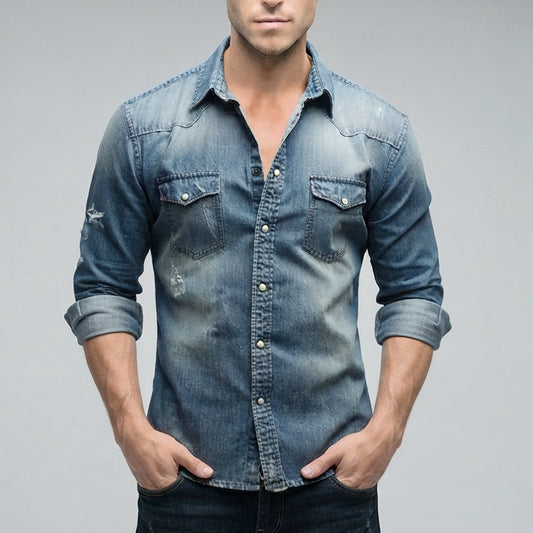 Men's Casual Slim Fit Denim Shirt - Long Sleeve Button-Down Work Shirt