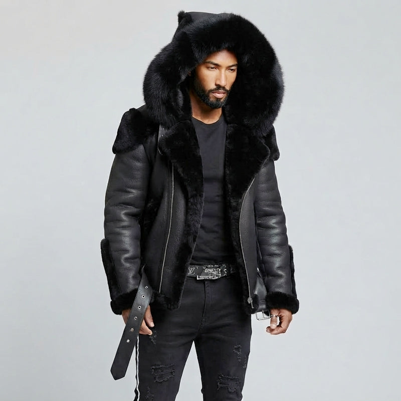 Men's Winter Faux Fur Hooded Shearling Jacket & Thick Warm Leather Bomber