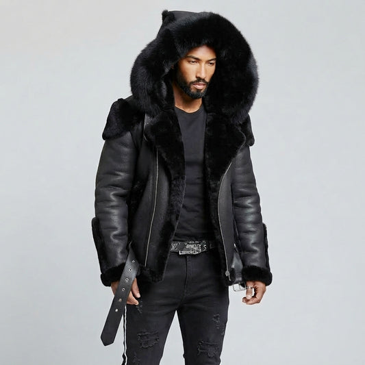 Men's Winter Faux Fur Hooded Shearling Jacket & Thick Warm Leather Bomber