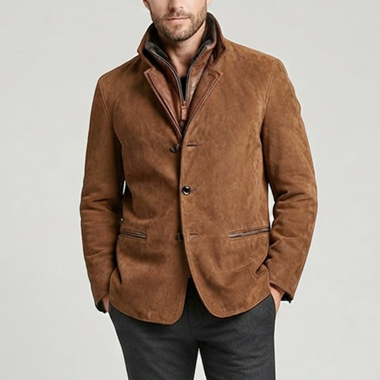 Men's Vintage Suede Leather Stitching Stand Collar Casual Jacket