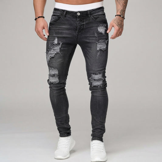 Men's Dark Gray Ripped Skinny Jeans Distressed Slim Fit Denim Pants