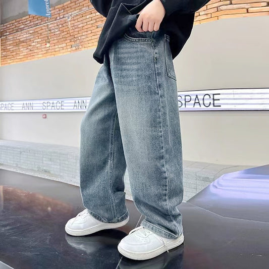 Kids Boys Loose Wash Denim Jeans Casual Wide Leg Pants
