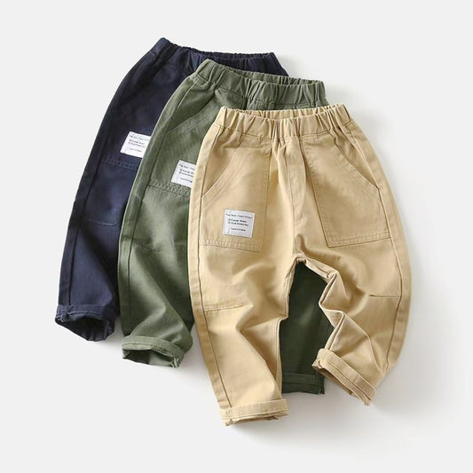 Kids Boys Casual Utility Chino Pants Elastic Waist Cargo Trousers