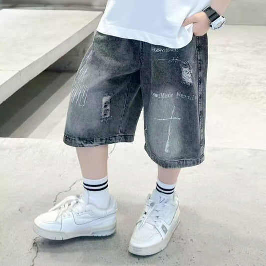 Kids Boys Distressed Letter Print Denim Shorts Hip Hop Casual Shorts