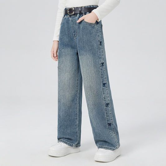 Kids Girls Bow Side Wide Leg Denim Jeans Elastic Waist Casual Pants