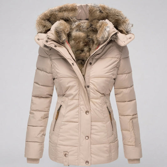 Women's Winter Thickened Puffer Jacket with Faux Fur Hooded Slim Fit Warm Coat
