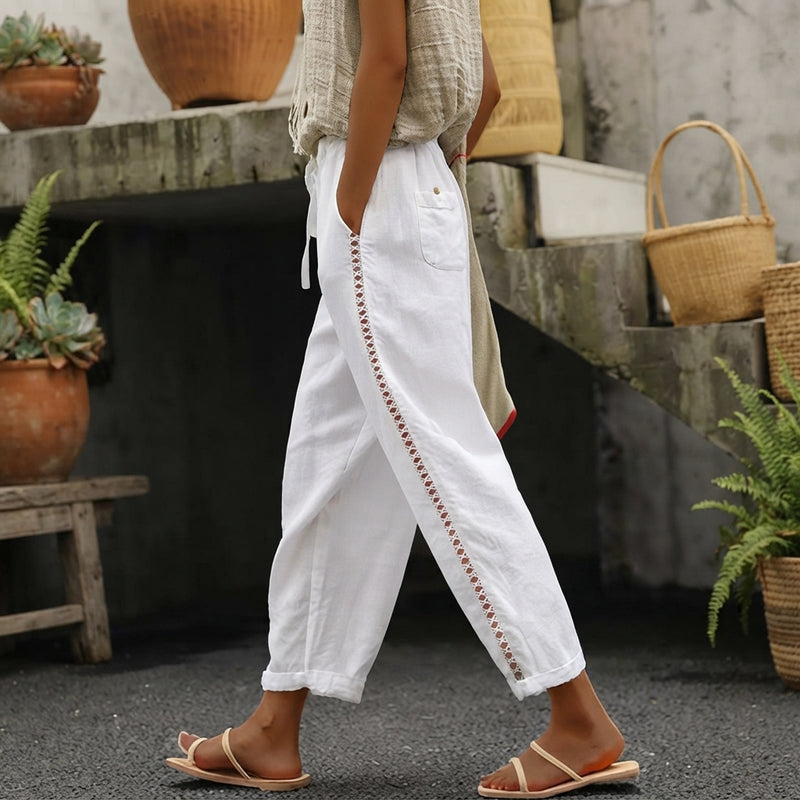 Women's Casual Cotton Drawstring Pants with Side Embroidery – Loose Fit Cropped Trousers
