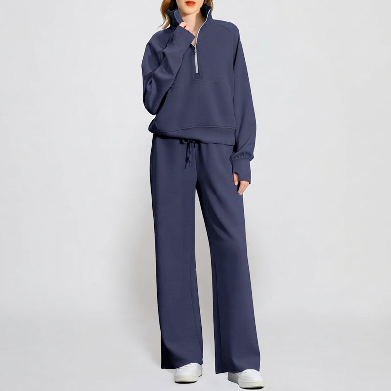 Casual Half Zip Sweatshirt and Wide Leg Pants Lounge Set