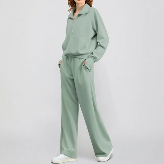 Casual Half Zip Sweatshirt and Wide Leg Pants Lounge Set