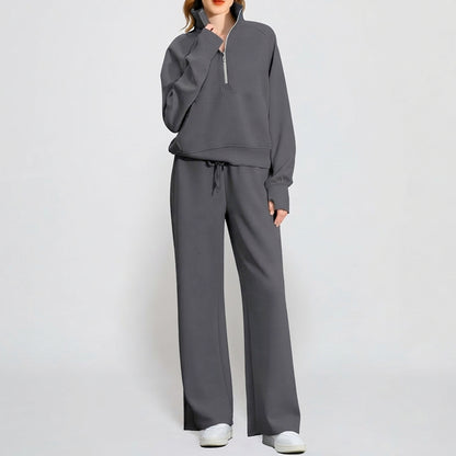 Casual Half Zip Sweatshirt and Wide Leg Pants Lounge Set