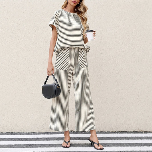 Women's Striped Short Sleeve Top and Wide Leg Pants Two-Piece Set