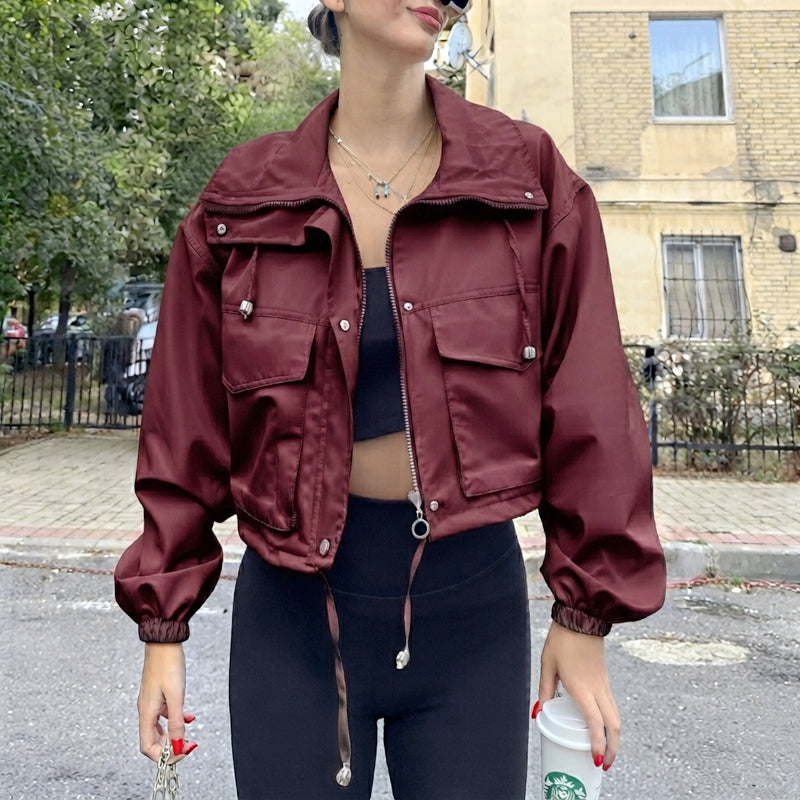 Women's Casual Cropped Zip-Up Utility Jacket with Flap Pockets
