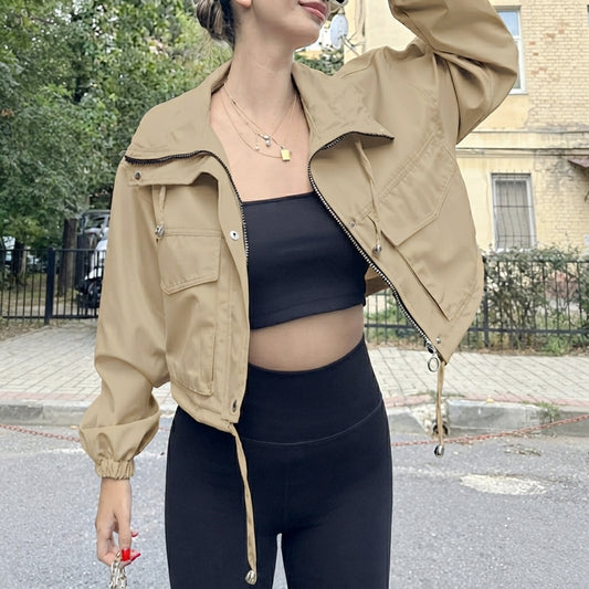 Women's Casual Cropped Zip-Up Utility Jacket with Flap Pockets