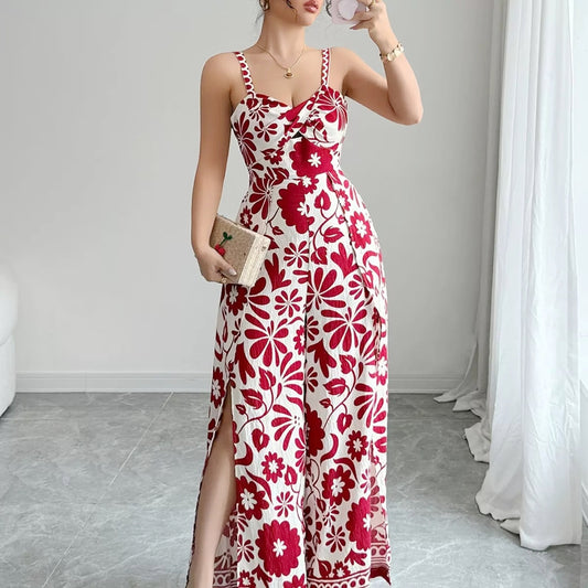 WOMEN Floral Print Spaghetti Strap Backless Split Wide Leg Jumpsuit