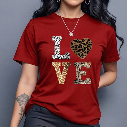 Women's Leopard Love Heart Graphic Print Casual Short Sleeve Red T-Shirt