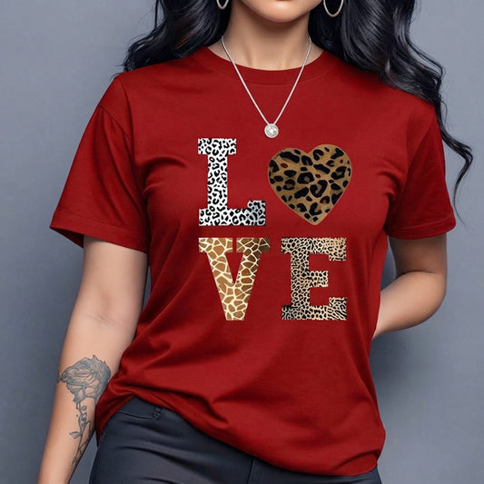 Women's Leopard Love Heart Graphic Print Casual Short Sleeve Red T-Shirt