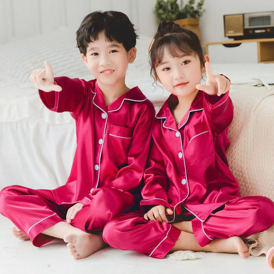 Kids Silk Satin Pajamas Set Long Sleeve Button Down Sleepwear for Boys and Girls
