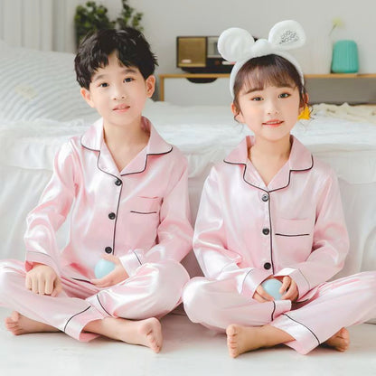Kids Silk Satin Pajamas Set Long Sleeve Button Down Sleepwear for Boys and Girls