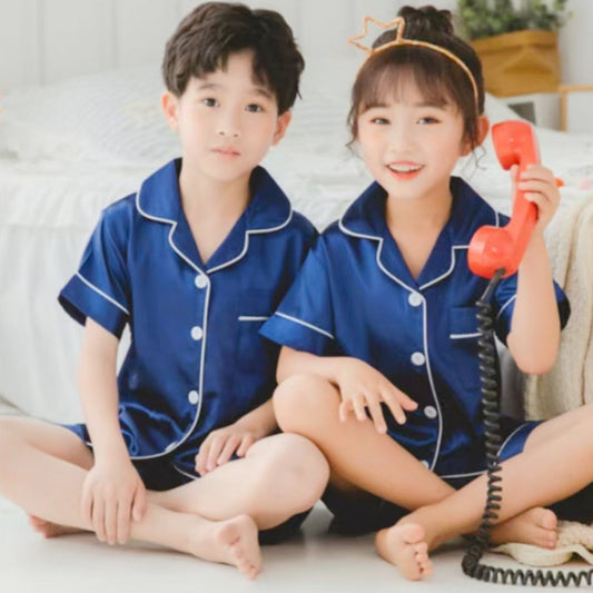 Kids Silk Satin Pajamas Set Short Sleeve Button Down Sleepwear for Boys and Girls