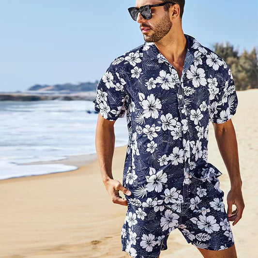 Men's Navy Blue Floral Aloha Hawaiian Shirt and Shorts Set | Summer Beach Vacation Two-Piece Outfit