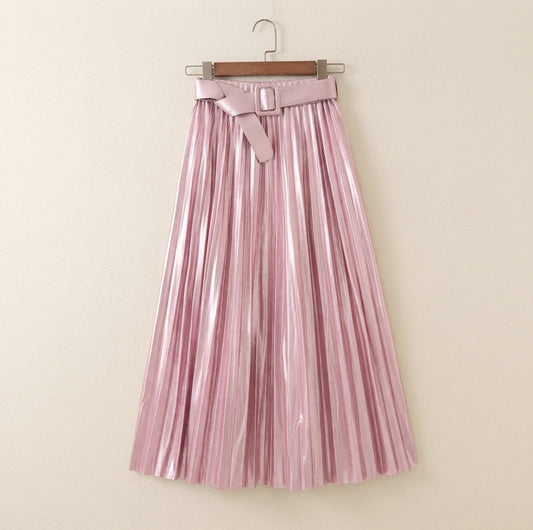 Women's Metallic Satin Pleated Midi Skirt with Belt - Free Size