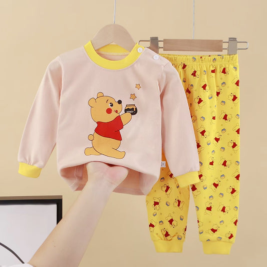 Kids Cute Cartoon Bear Print Long Sleeve Top & Pants Pajama Set