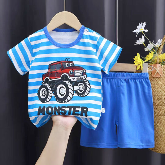 Toddler Boys Girls Unisex Cartoon Striped Short Sleeve T-Shirt & Shorts Set