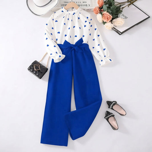 Girls Blue Heart Print Long Sleeve Blouse & Wide-Leg Pants Set