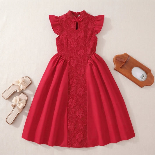 Modern Red Chinese Mandarin Collar Lace Panel Flare Dress