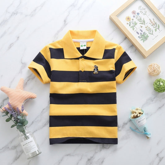 Boys' Classic Striped Polo Shirt - Short Sleeve Casual Cotton Tee with Bear Embroidery
