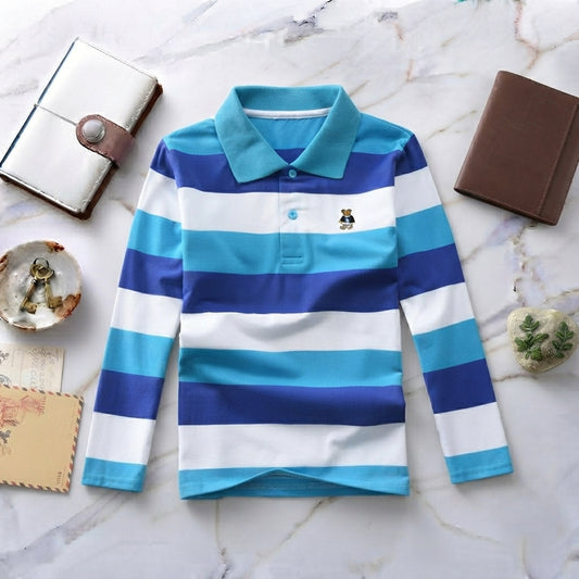 Boys' Long Sleeve Striped Polo Shirt with Bear Embroidery - Blue & White