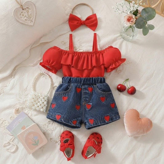 Baby Girls Off-Shoulder Ruffle Top and Denim Heart-Print Shorts Set - Cute Summer Outfit