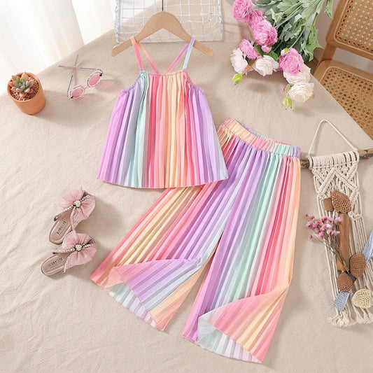 Girls' Summer Rainbow Pleated Two-Piece Set - Sleeveless Top & Wide-Leg Pants