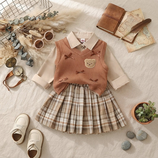 Baby Girls Preppy Style Two-Piece Set - Knit Vest and Plaid Pleated Skirt Outfit